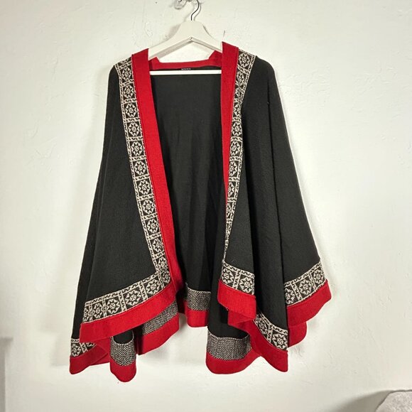 Novica Women's Black Red Alpaca Wool Poncho Cardigan Sweater Artisan Knit Cozy - Picture 1 of 6